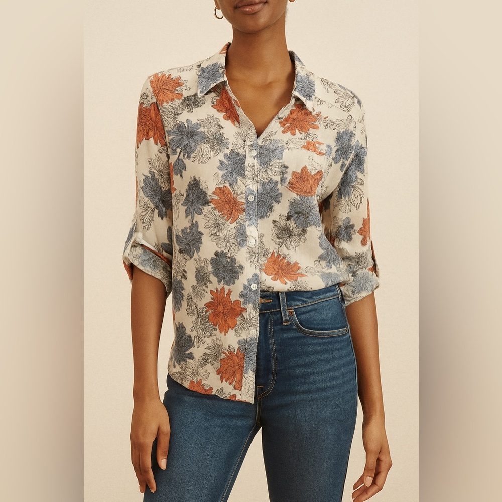 75 Degrees & Fuzzy Women Cotton Shirt Blouse Button Down Floral Blue Red Top